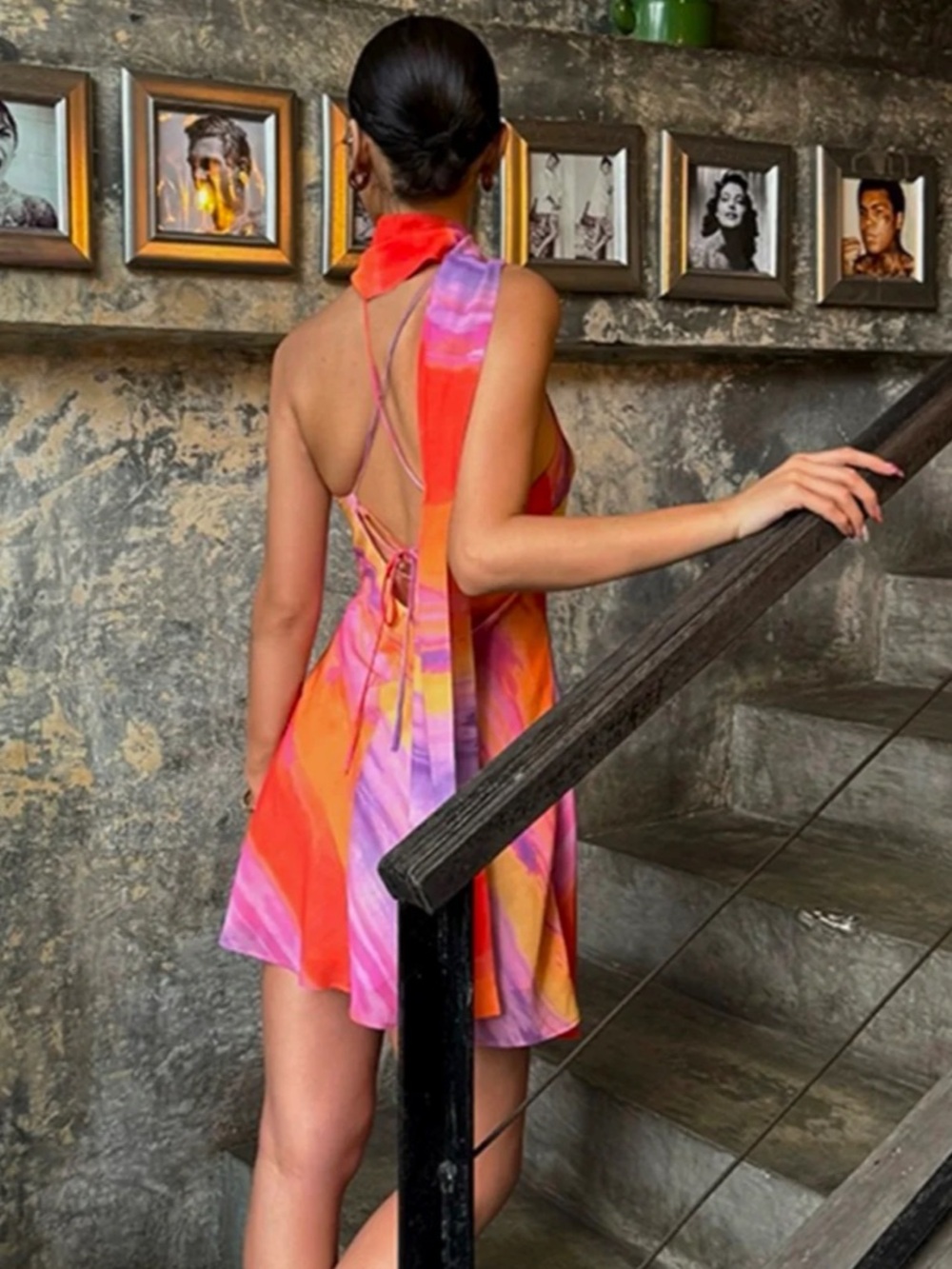 Commense Semi-Sheer Halter Backless Tie Dye Short Dress